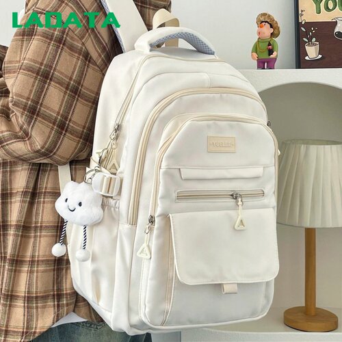 LADATA简约百搭ins大学生书包女 日系大容量纯色初高中生双肩包