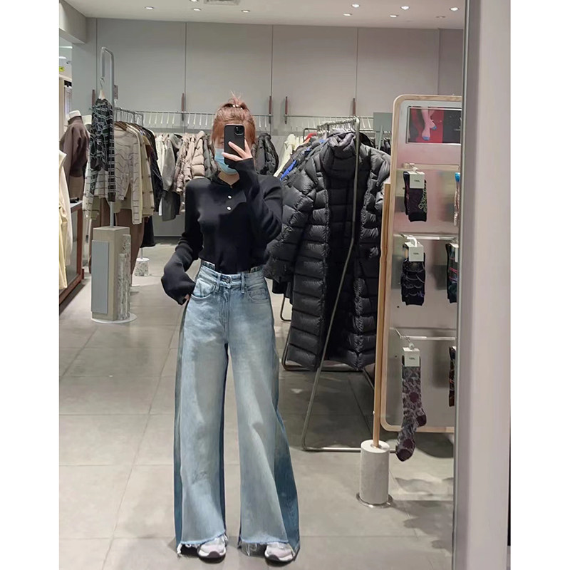 现货定制款2023春季新品时髦百搭个性撞色拼接毛边阔腿水洗牛仔裤
