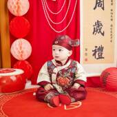 男宝宝周岁礼服春秋中式 喜庆衣服生日一周岁宴抓周拜年服 古风唐装