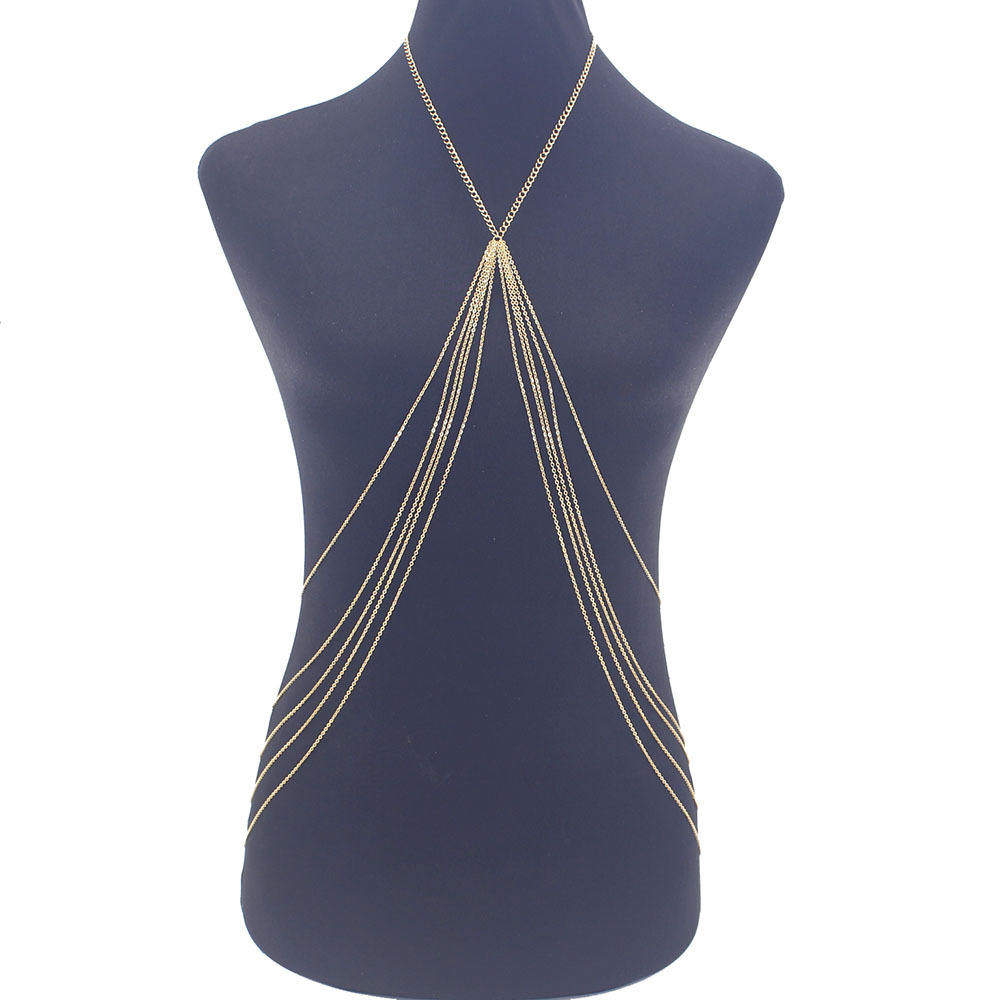 欧美饰品女士几何长款流苏不锈钢链比基尼沙滩身体链配饰