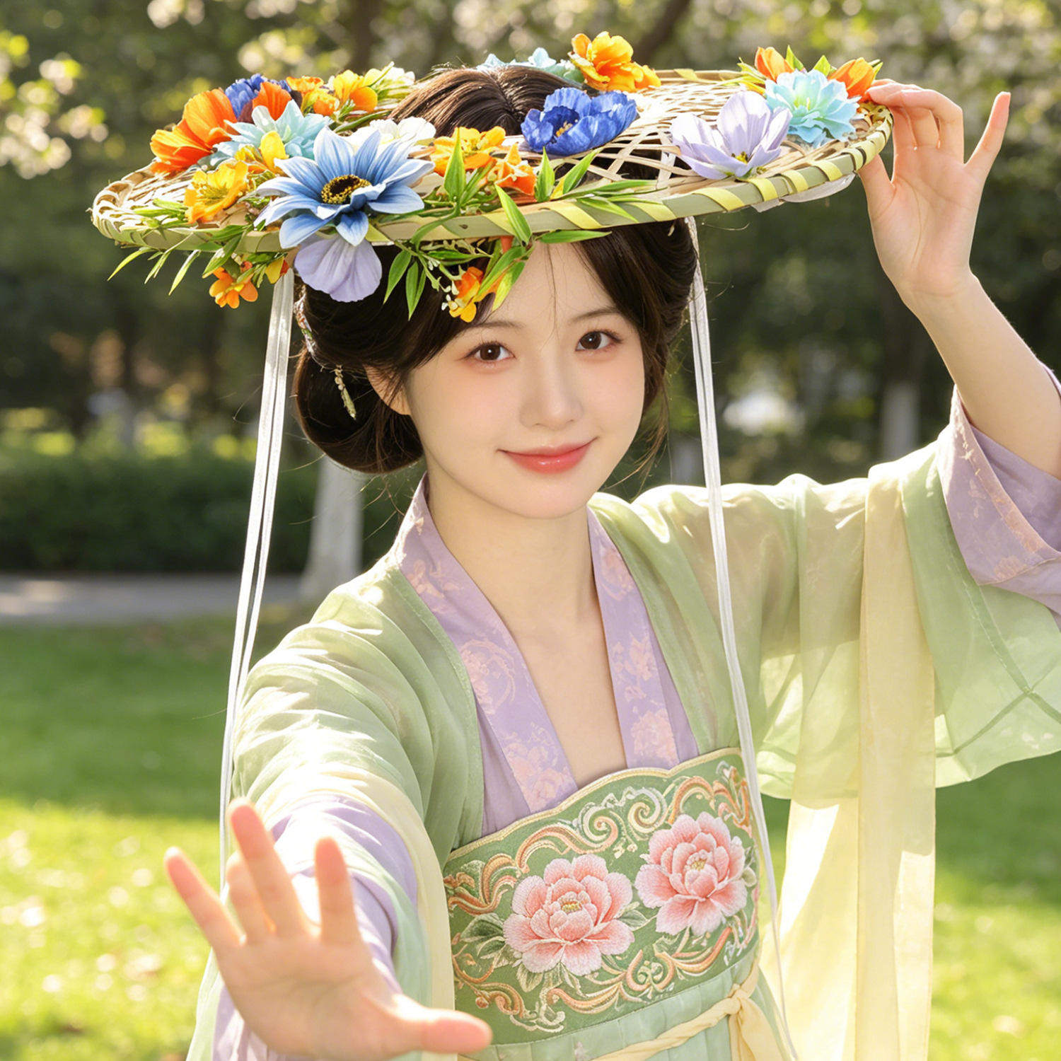 古风簪花斗笠汉服写真拍照装饰道具新中式仿真花竹笠古装花朵帽子