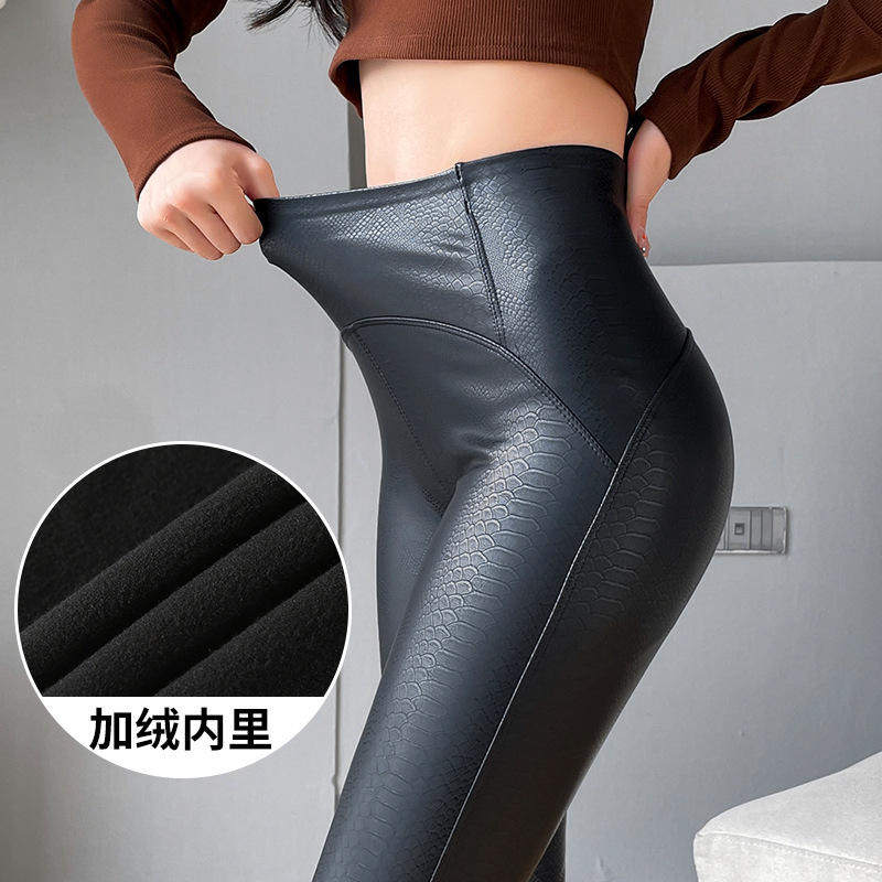 哑光皮裤女大码加绒打底裤欧美紧身弹力小脚防风机车裤