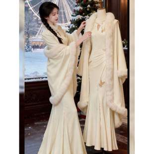 新中式气质国风旗袍连衣裙女装秋冬新款加绒加厚收腰鱼尾长裙