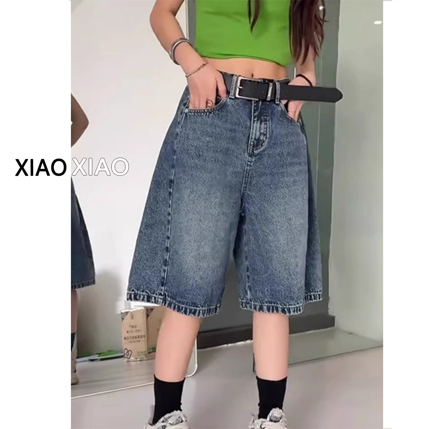 大码复古蓝色牛仔短裤女夏季薄款胖mm梨形身材显瘦慵懒直筒五分裤