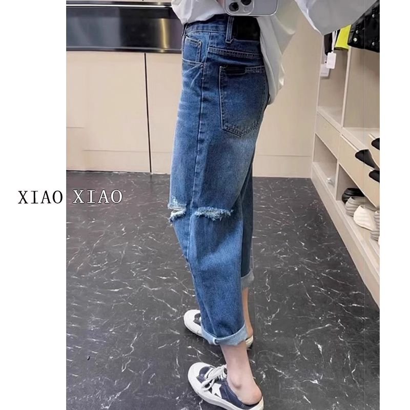 大码破洞牛仔裤女夏季2025新款胖mm高腰显瘦萝卜哈伦老爹直筒裤子