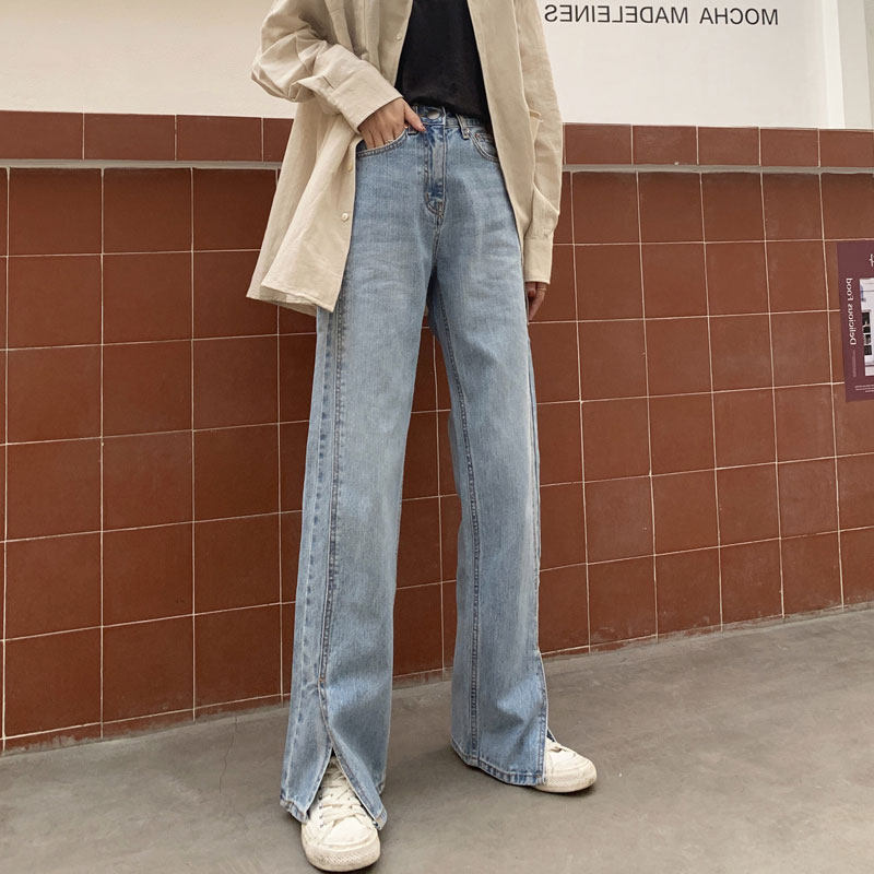 大码开叉直筒牛仔裤阔腿女宽松胖妹妹mm高腰显瘦拖地遮腿粗胯宽裤