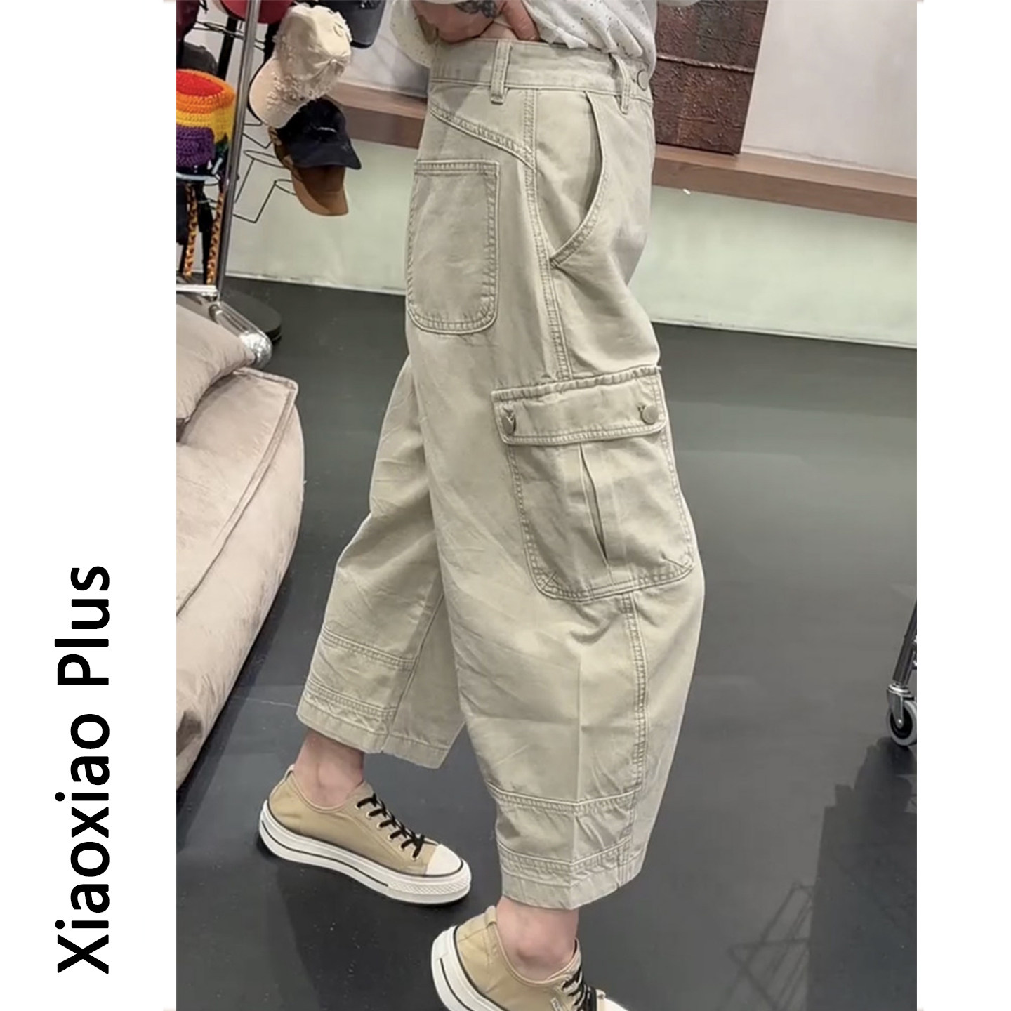 大码卡其色高腰显瘦哈伦裤女2026夏季新款胖mm宽松休闲牛仔工装裤