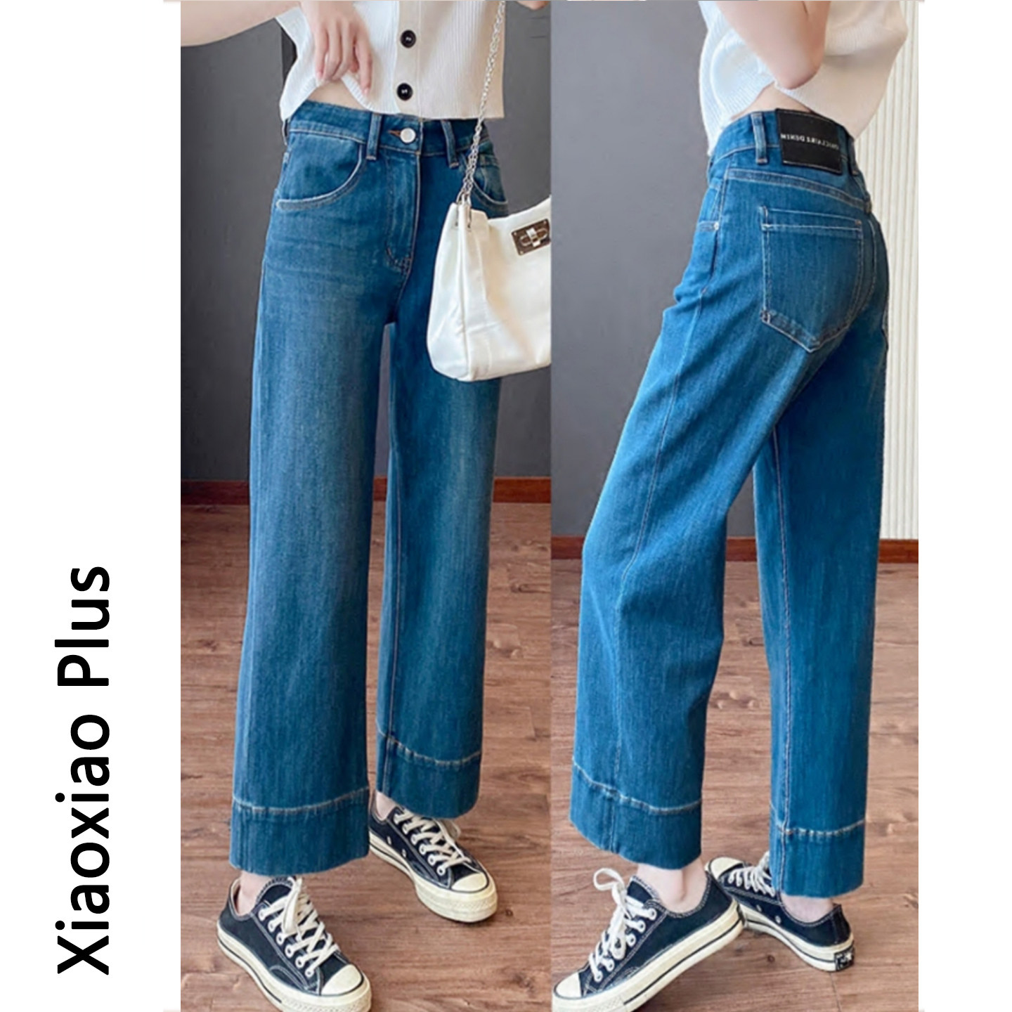大码蓝色牛仔裤女2026新款胖mm高腰显瘦小个子梨形身材九分阔腿裤