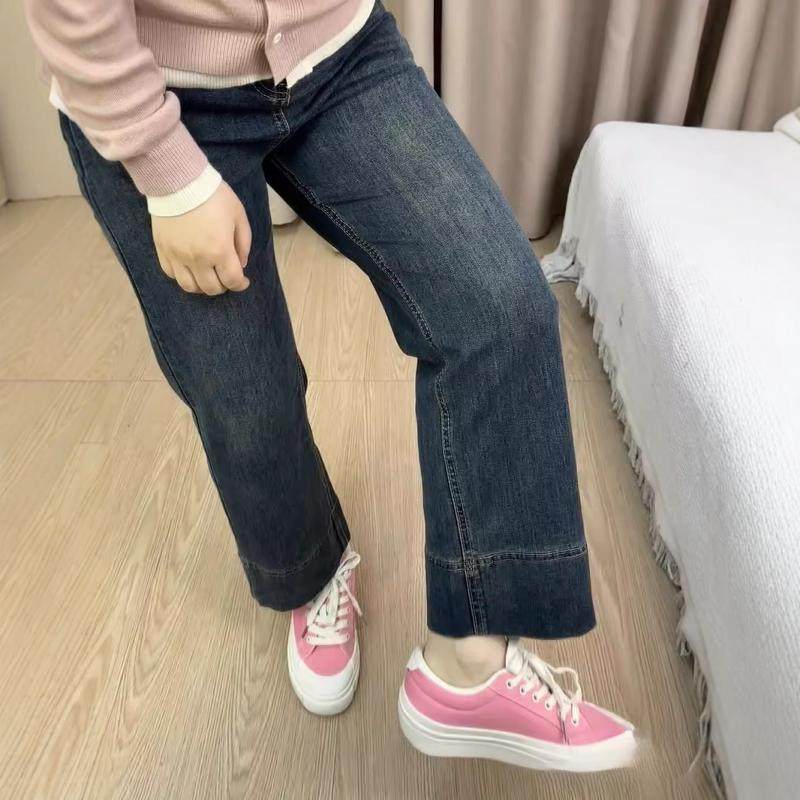 大码法棍直筒牛仔裤胖mm宽松高腰梨形身材小个子显瘦九分烟管裤子