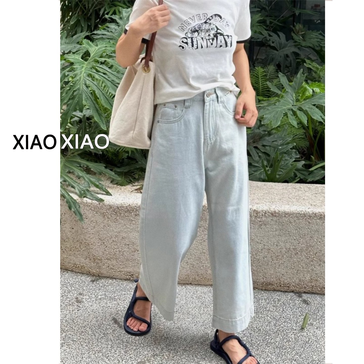 大码浅色阔腿牛仔裤女夏季薄款胖mm梨形身材宽松显瘦九分直筒裤子