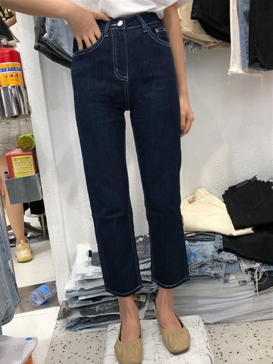 大码高腰牛仔裤女胖妹妹mm深蓝色直筒烟管九分裤显瘦梨形身材裤子