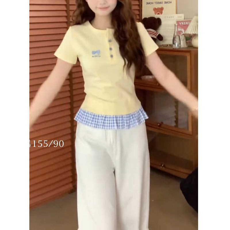 假两件撞色正肩短袖t恤女夏季2025新款小众设计感甜辣妹短款上衣