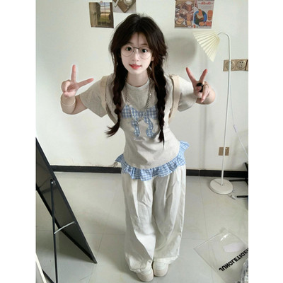 2025小个子假两件纯棉短袖t恤女