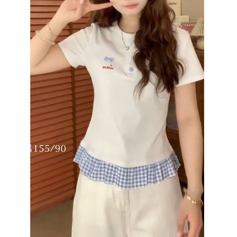 假两件正肩短袖t恤女夏季2025新款设计感小众修身收腰甜辣上衣ins