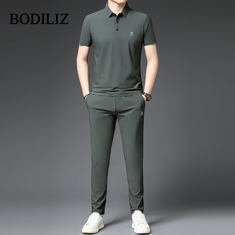 高级感绿色桑蚕丝冰丝休闲运动套装男2025新款中青年弹力凉感透气