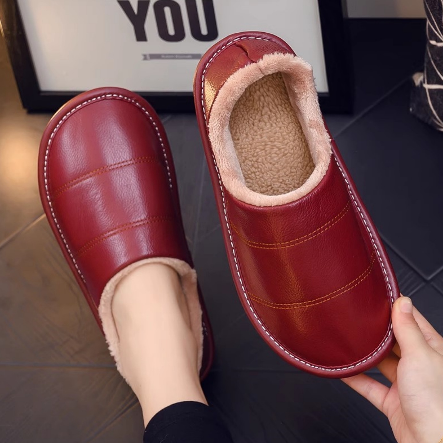 日本牛皮棉拖鞋男女家用秋冬季半包跟牛筋厚底耐磨居家防滑保暖鞋