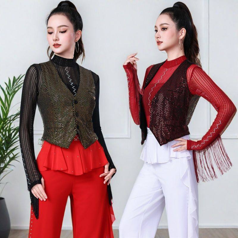 2025新款亮片马夹女时尚拉丁舞马甲女国标摩登舞蹈水兵舞背心外套,运动/瑜伽/健身/球迷用品,广场舞上装,淘宝优惠券,粉丝福利购,淘宝优惠卷