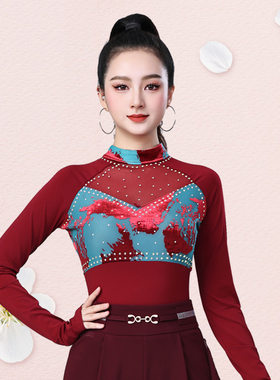 广场舞上衣女高领拼接长袖