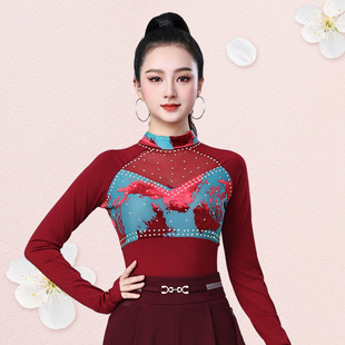 广场舞蹈服演出上衣女吉特巴高领拼接长袖镶钻民族风三步踩表演服