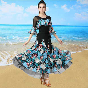 摩登舞国标舞裙子女新款半身裙华尔兹交际舞印花大摆舞蹈裙表演服