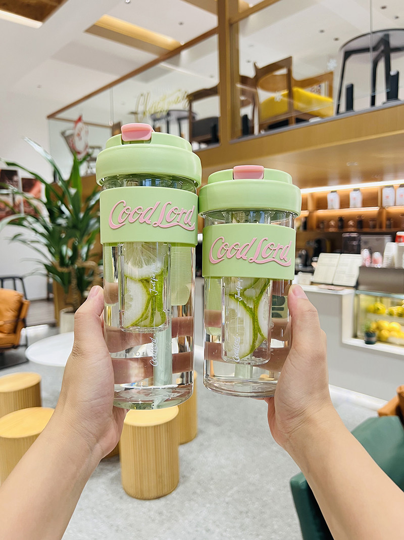 花茶杯水杯750ml吸管杯pc塑料杯子儿童便携可爱带茶仓