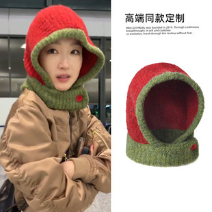 日系秋冬保暖周冬雨同款帽子围脖一体女情侣款针织帽巴拉克拉法帽