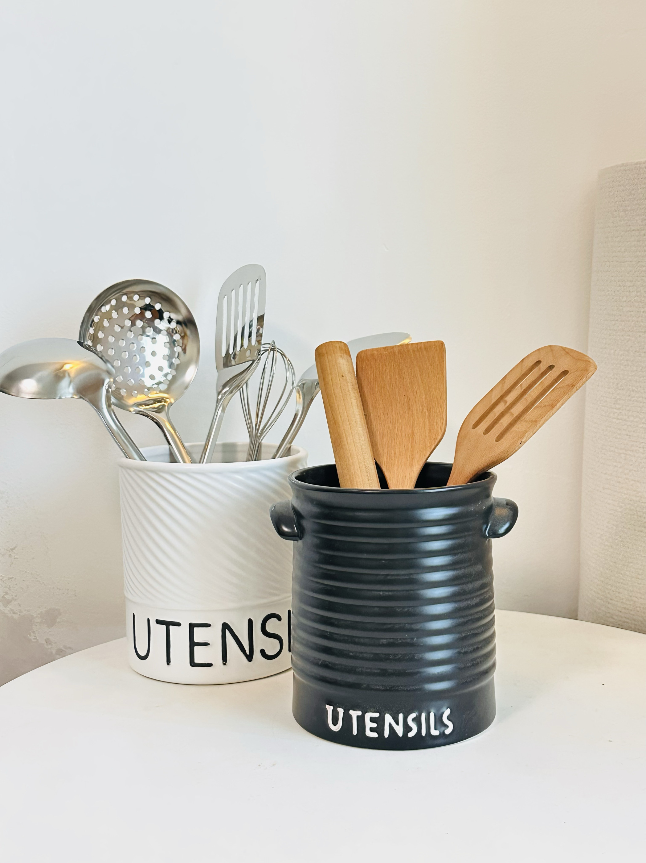 出口欧洲黑白配螺纹经典款工具桶陶瓷铲子锅勺收纳桶,收纳整理,整理架/置物架/收纳架,淘宝优惠券,粉丝福利购,淘宝优惠卷