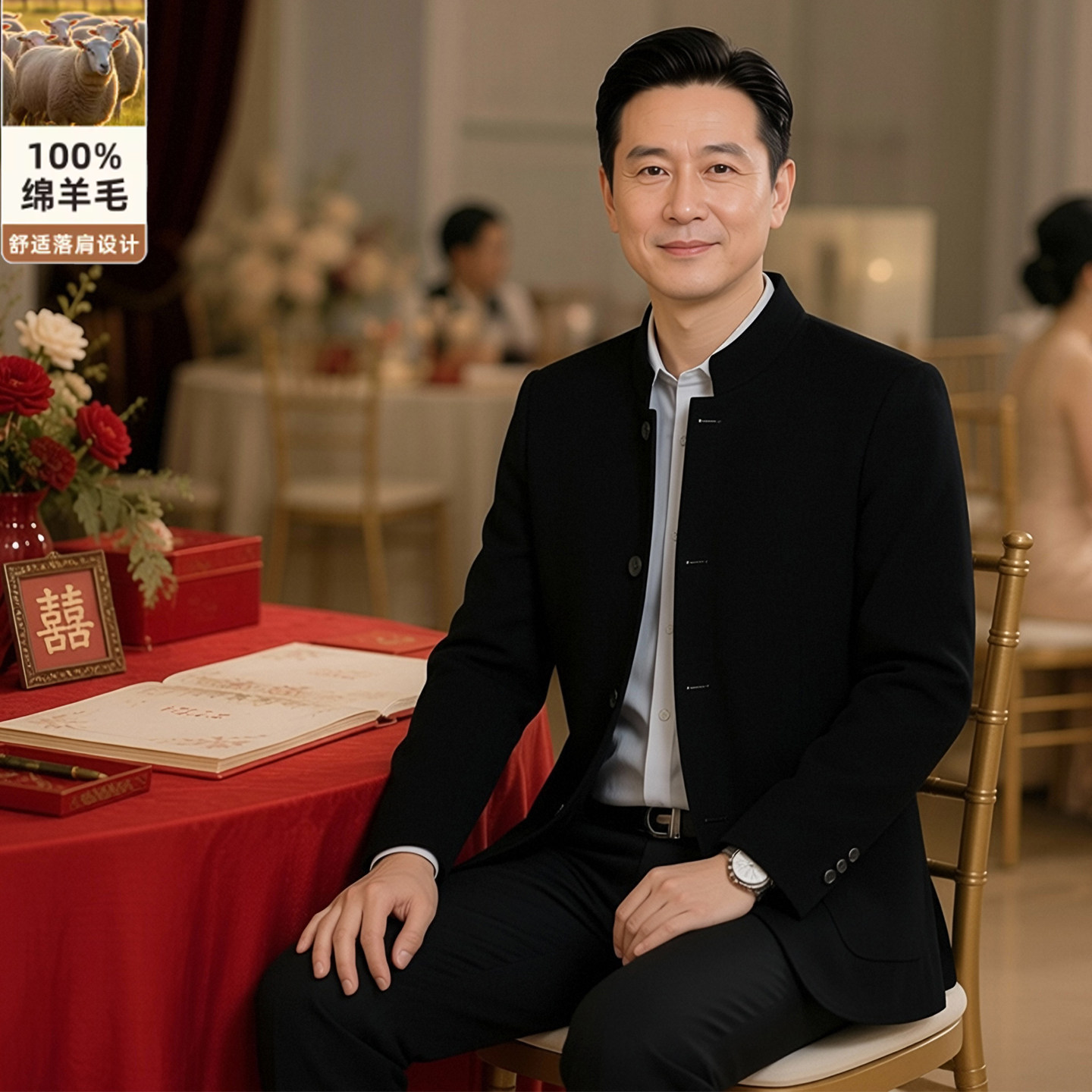 中山装喜公公男2026秋冬新款100%纯羊毛中年喜爸爸装婚礼唐装上衣