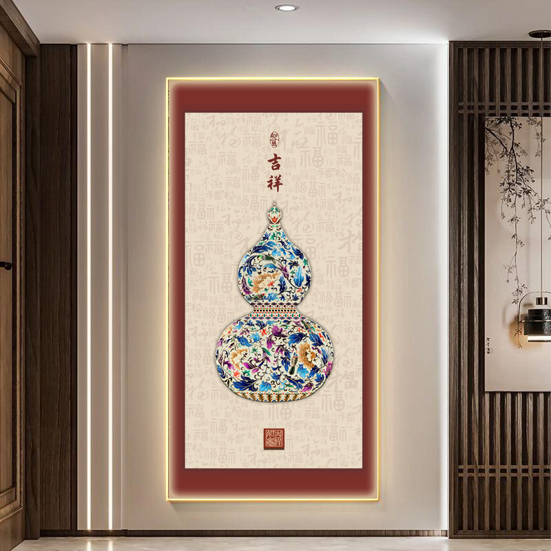 LED葫芦玄关装饰画新中式客厅楼梯酒店百福图挂画感应灯墙壁定制
