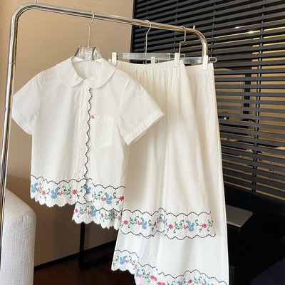 le rouge周美美  绣艺边缘田园刺绣娃娃领衬衫半裙长裤三件套