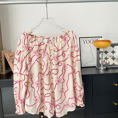 MINI老江 定制浪漫冒险家领口抽绳绣花衬衫女oversize上衣连衣裙