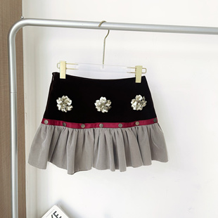 le rouge周美美  巴黎情书复古果酱丝绒拼接装饰花朵褶皱半身裙