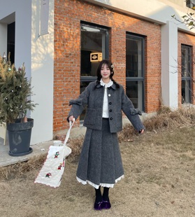 le rouge周美美 日系少女复古娃娃领蝴蝶结外套百褶半裙羊毛套装