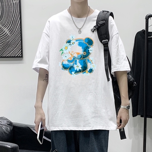 T1922P25港风室内新款半袖宽松圆领印花t恤情侣装潮牌男士夏季t恤