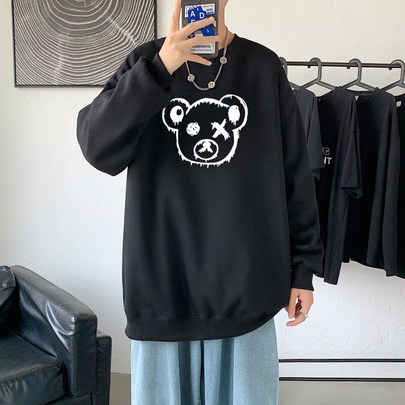 Y2458P38港风秋季新款小熊印花圆领卫衣男潮流宽松青少年休闲外套,男装卫衣,星座510A-2