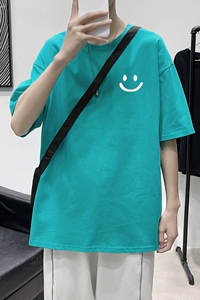 T2252港风室内纯棉男短袖港风对勾后背印花宽松休闲情侣装T恤图片