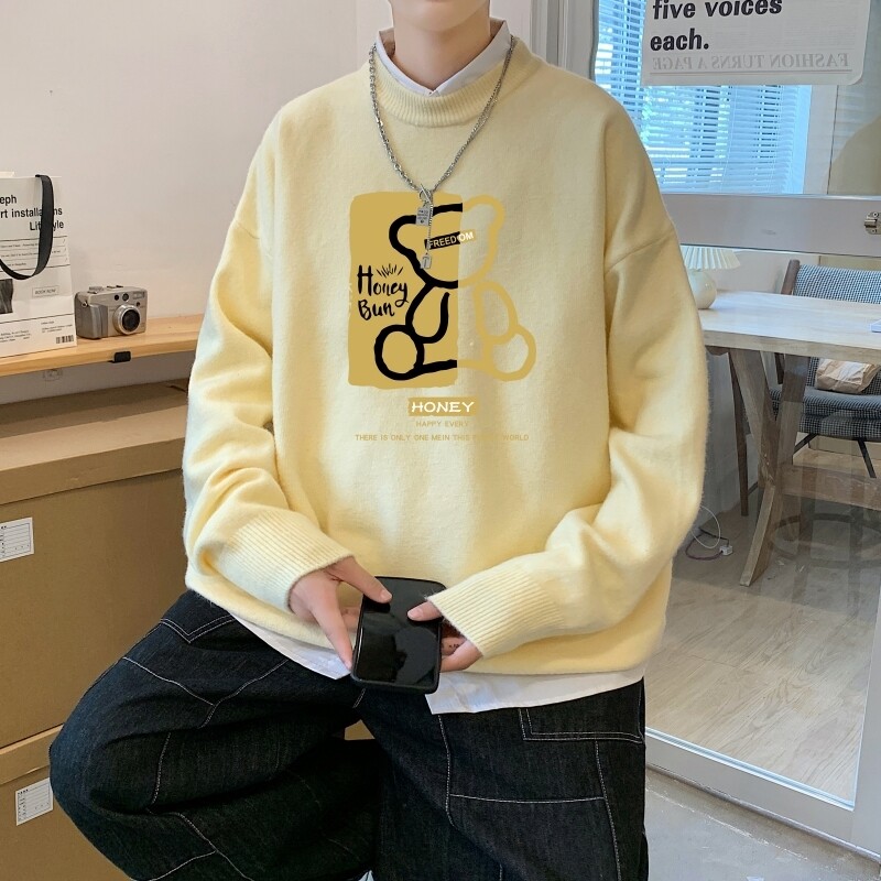 MD2697P55印花毛衣男秋季潮牌ins宽松慵懒高领针织衫潮流圆领线衣图片