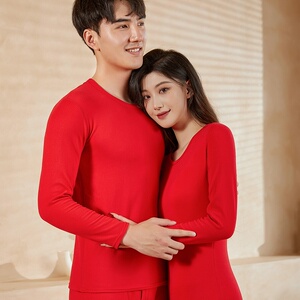 5824P45秋衣秋裤薄款秋冬季情侣保暖内衣套装男士纯棉结婚大红色图片