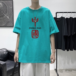 D2069港风室内  男士夏季潮流潮牌潮印花半袖体恤纯棉男T恤图片