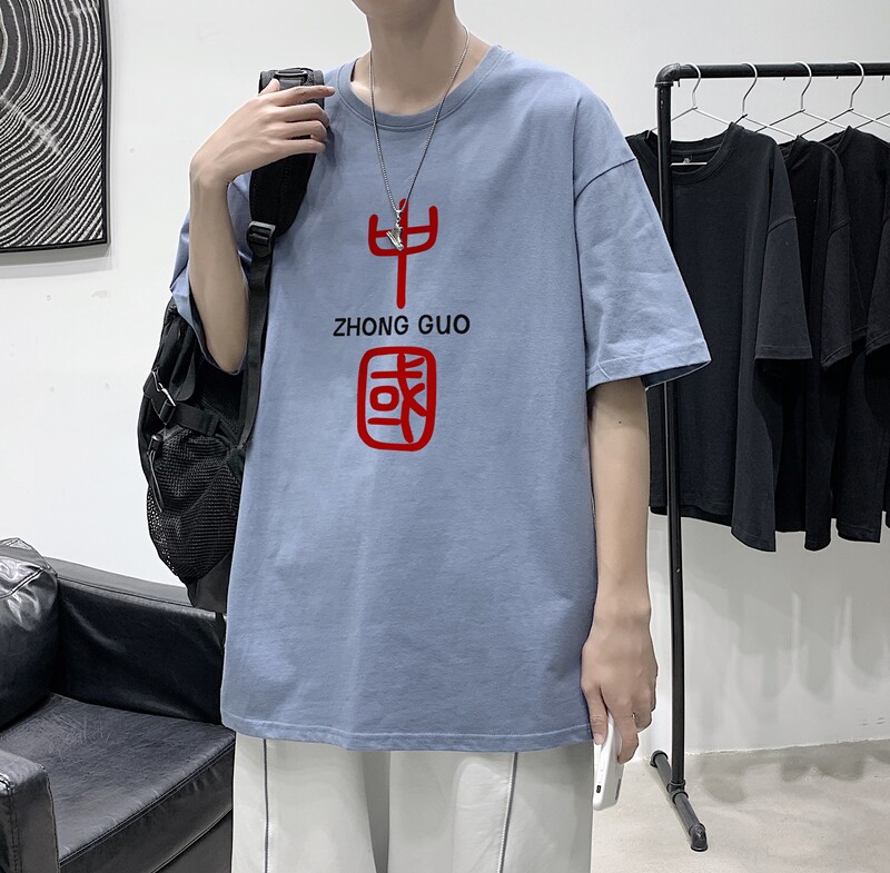 D2069港风室内 夏季港风男装潮牌纯棉短袖风印花宽松t恤图片