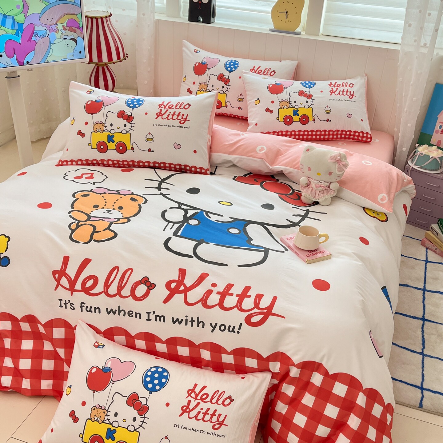 hellokitty女孩纯棉四件套被套儿童被罩KT猫卡通全棉 宿舍三件套