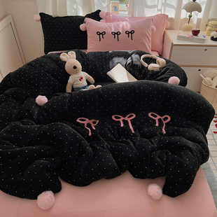 ins少女毛球加厚牛奶绒四件套蝴蝶结毛巾绣珊瑚绒被套学生3件套