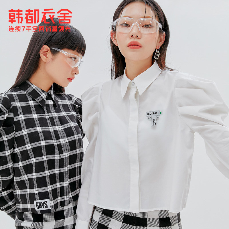 韩都衣舍秋冬衬衫女设计感泡泡袖纯色百搭上衣