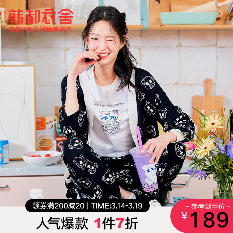 韩都衣舍啵啵熊毛衣外套女2022春装新款上衣满印撞色针织上衣