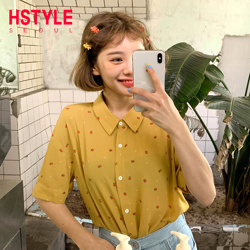 预售韩都衣舍2019夏装新款韩版女清新碎花POLO领短袖衬衣MR9200璎