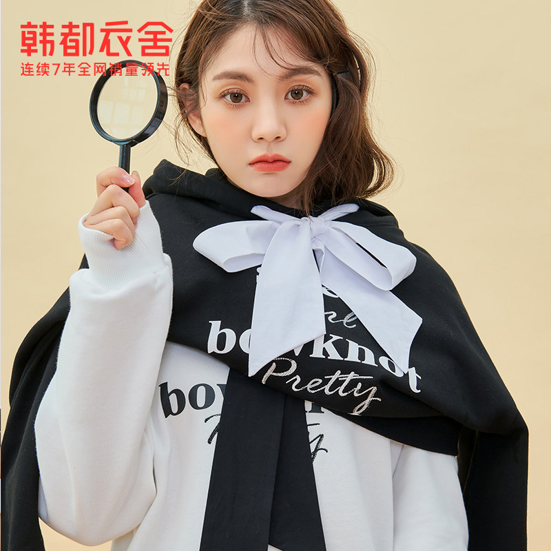 韩都衣舍2021秋季新款上衣女chic蝴蝶结休闲宽松时尚日系连帽卫衣