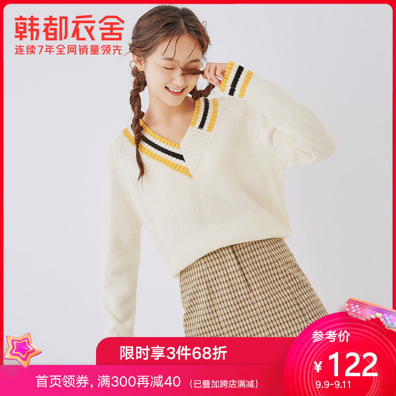 韩都衣舍2020秋季新款V领上衣日系复古毛衣森系毛针织衫女GQ10975