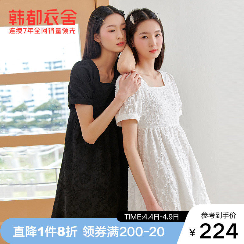 韩都衣舍泡泡袖方领连衣裙女2022夏新款法式初恋矮个子娃娃蓬蓬裙