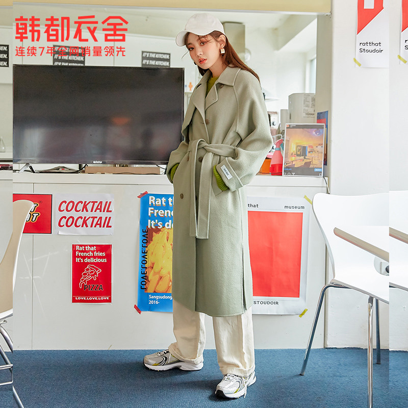 韩都衣舍2021秋装新款女装宽松呢子羊毛大衣双面呢中长款毛呢外套