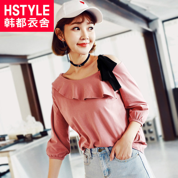 韩都衣舍 18年春季新款 荷叶边系带露肩T恤 天猫优惠券折后￥48包邮（￥78-30）